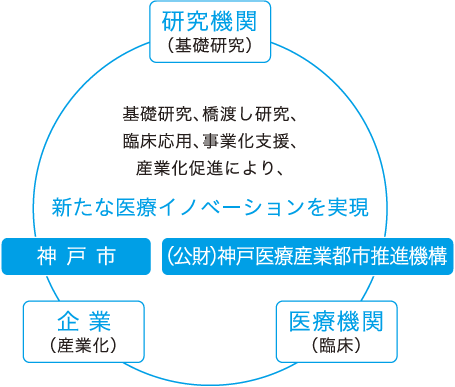 研究機関(基礎研究)―神戸市・企 業(産業化)―(公財)神戸医療産業都市推進機構・医療機関(臨床)。基礎研究、橋渡し研究、臨床応用、事業化支援、産業化促進により、新たな医療イノベーションを実現