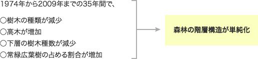 1974年から2009年までの35年間で、樹木の種類が減少、高木が増加、下層の樹木種数が減少、常緑広葉樹の占める割合が増加し、森林の階層構造が単純化