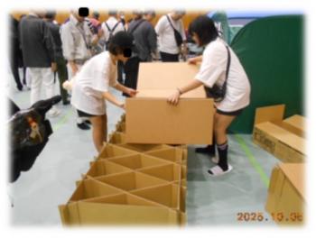 段ボールベッドの作成を体験する参加者