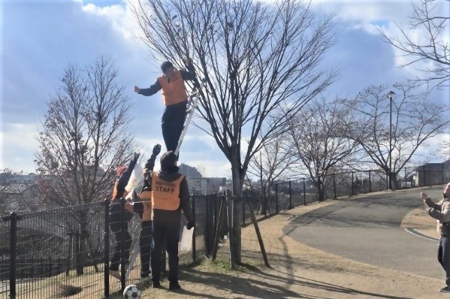 木に引っかかったたこを取る様子