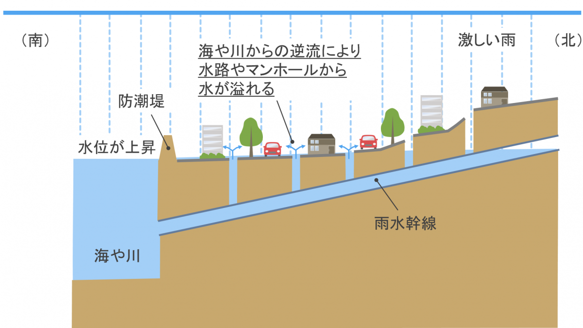 高潮時に海や川の水位が上がり、下水道（雨水幹線）を逆流したときの図