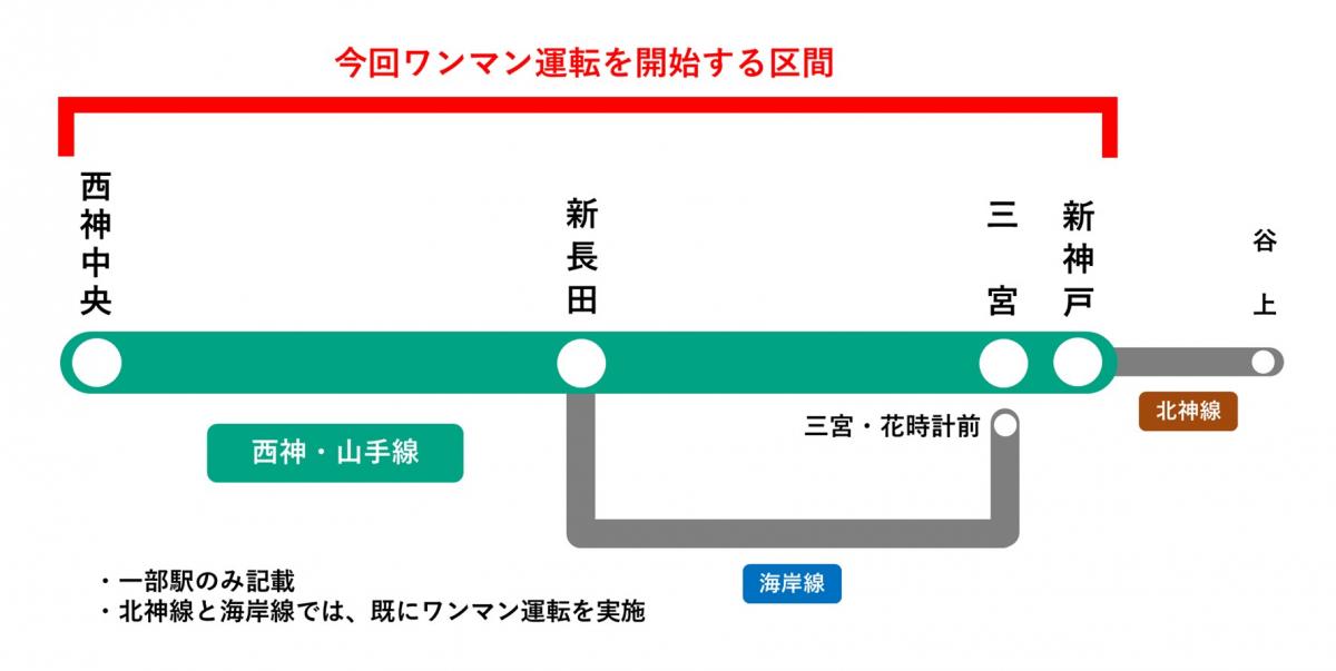神戸市営地下鉄の路線図とワンマン運転を開始する区間