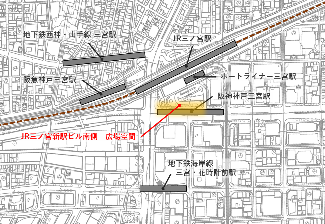 JR三ノ宮新駅ビル南側広場空間位置図