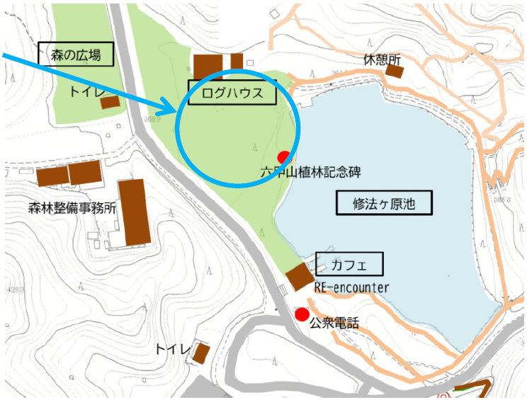 再度公園のWi-Fi設置位置を示す地図。公園内の修法ヶ原池の西側の広場をWi-Fi使用可能箇所として示しています