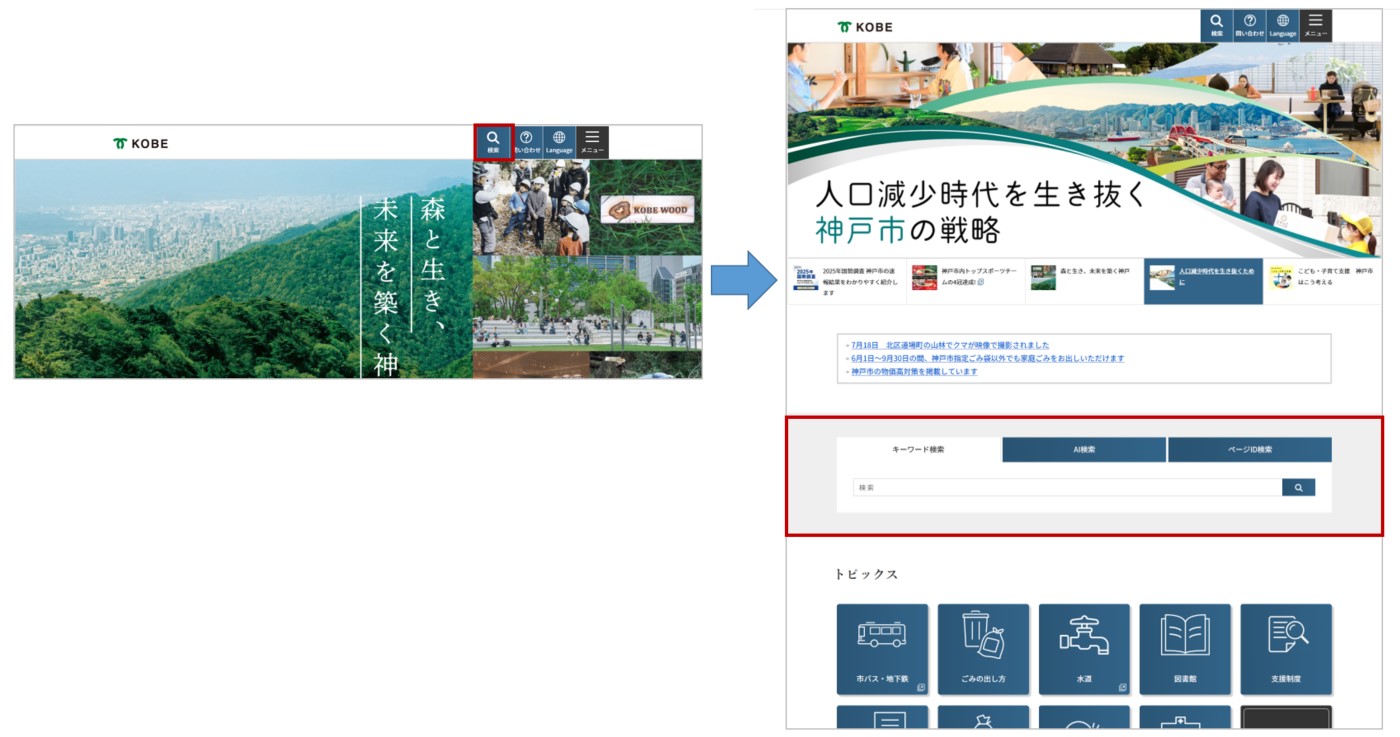 サイト内検索窓の配置変更を説明する画像