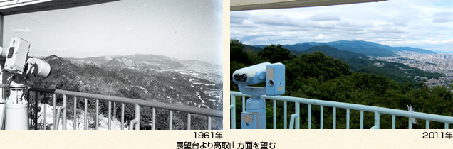 回転展望閣 展望台より高取山方面を望む(左)1961年(右)2011年