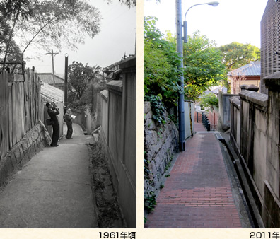 旧ハッサム邸(左)1961年頃(右)2011年