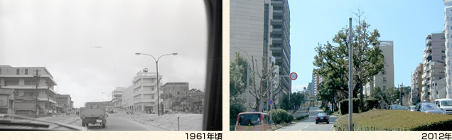 山手幹線(兵庫県庁付近)(左)1961年頃(右)2012年