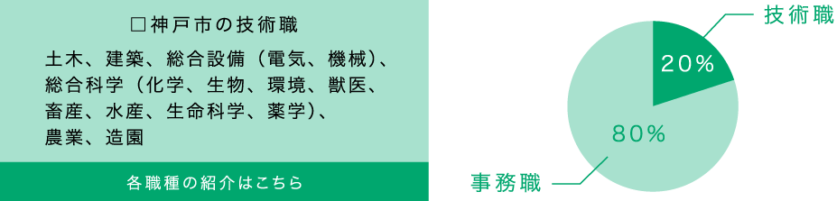 □神戸市の技術職 土木、建築、綜合設備(電気、機械)、総合科学(化学、生物、環境、獣医、畜産、水産、生命科学、薬学)、農業、造園 各職種の紹介はこちら